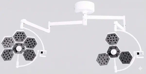 AM-LED5/3 dual-head ceiling mounted surgical light for hospital operating room with shadowless technology.