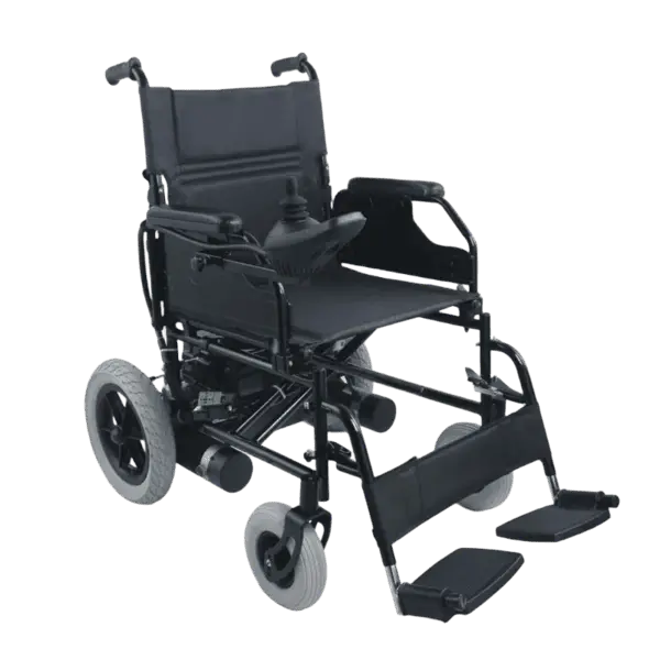 AM-FS110AB compact foldable electric wheelchair in a folded state for car trunk storage.