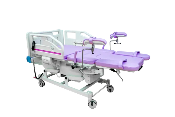 AM-CBYT professional electric gynecological table with adjustable leg crutches and seamless medical upholstery for OB/GYN clinics